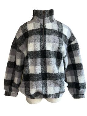 Andree by Unit Plaid Sherpa Quarter Zip Fleece Pullover Sweater Gray Small EUC